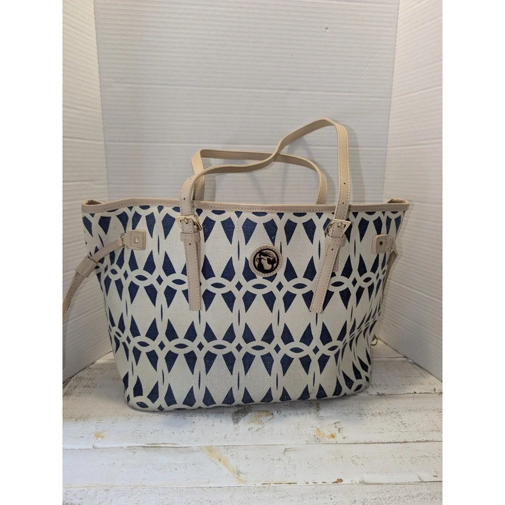 Spartina 449 Jetetter Tote Bag In Navy & Ivory Linen w/Tan Leather Trim Preppy